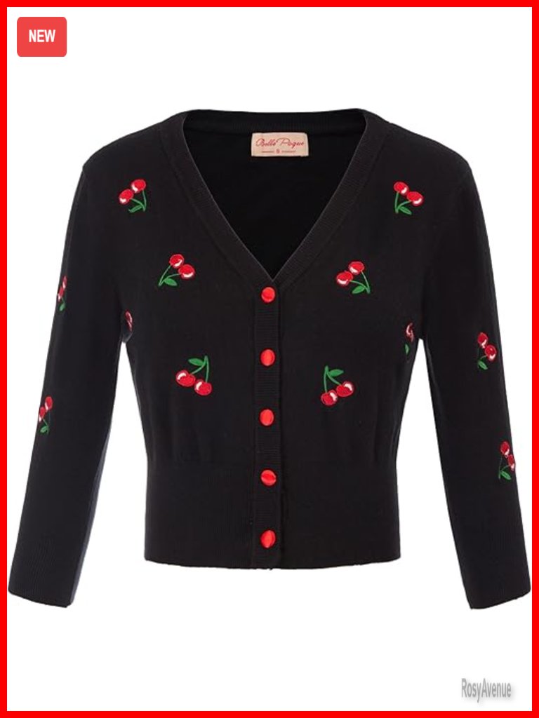3/4 Sleeve V-Neck Button Down Cherries Embroidery Cropped Cardigan Sweater
